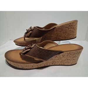 Clarks Sunbeat Brown Raffia Floral Wedge Sandals Women's 12M Cork Platform Shoes